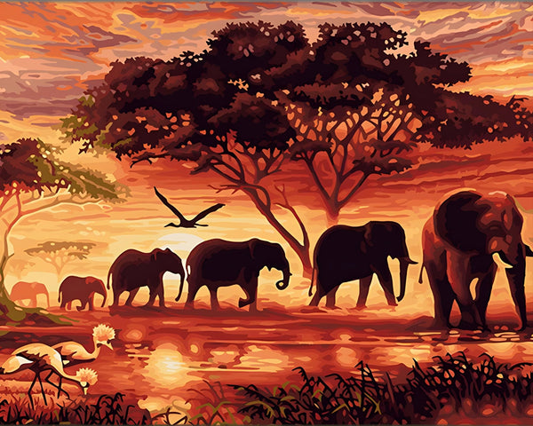 A Sunset And A Herd Of Elephant Paint By Numbers Kit