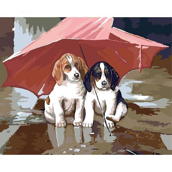 Two Puppies Under An Umbrella Paint By Numbers Kit