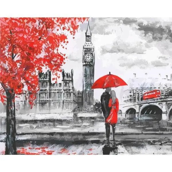 A Couple In London With Umbrella And A Red Tree Paint By Numbers Kit