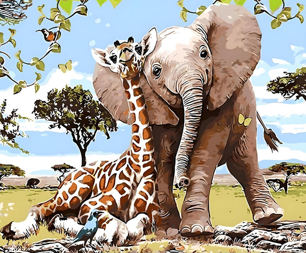 A Giraffe And An Elephant Together Paint By Numbers Kit