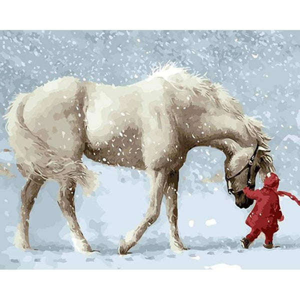 A White Horse And A Little Girl In The Snow Paint By Numbers Kit
