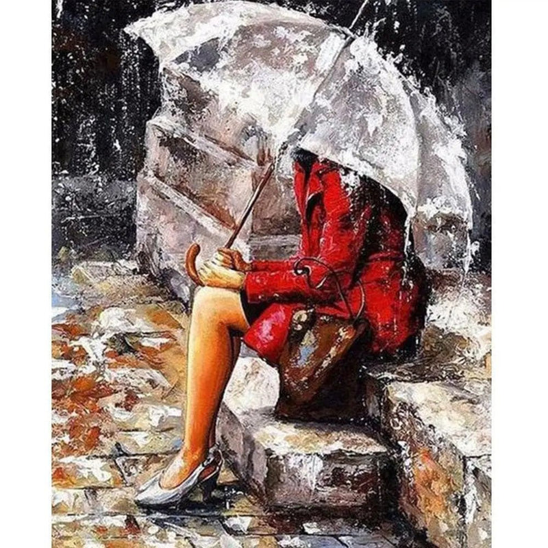 A Woman Alone In The Rain In Red Paint By Numbers Kit