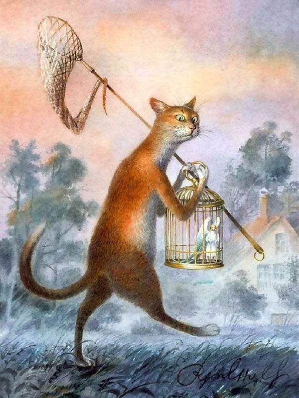 Cat and Bird in a cage Paint By Numbers Kit