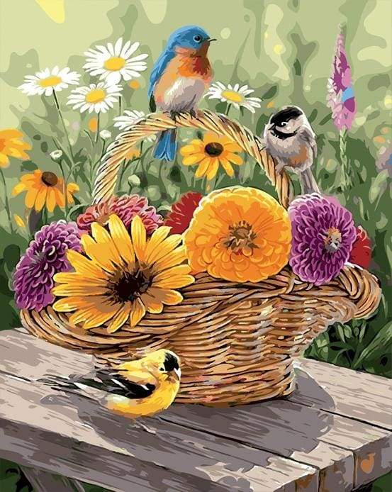 Flowers in a Basket and Birds Paint By Numbers Kit