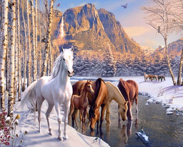 Horses during winter near the river Paint By Numbers Kit