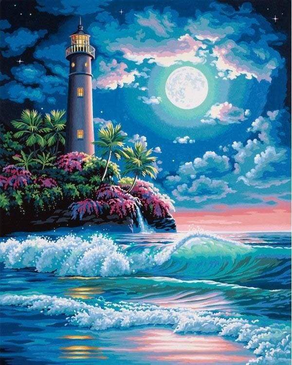 Lighthouse under a full moon Paint By Numbers Kit