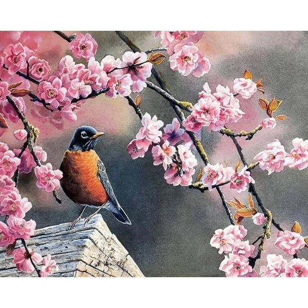 Little Bird In Front Of Pink Flowers Paint By Numbers Kit