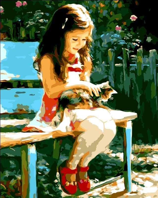 Little Girl in the park with her cat Paint By Numbers Kit