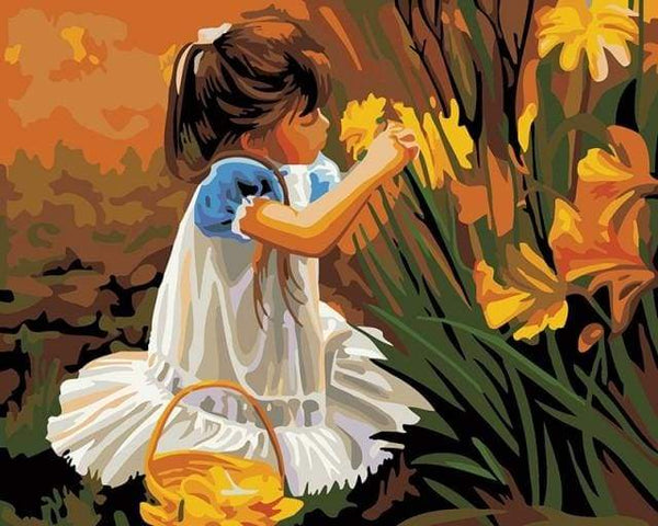 Little girl picking flowers Paint By Numbers Kit