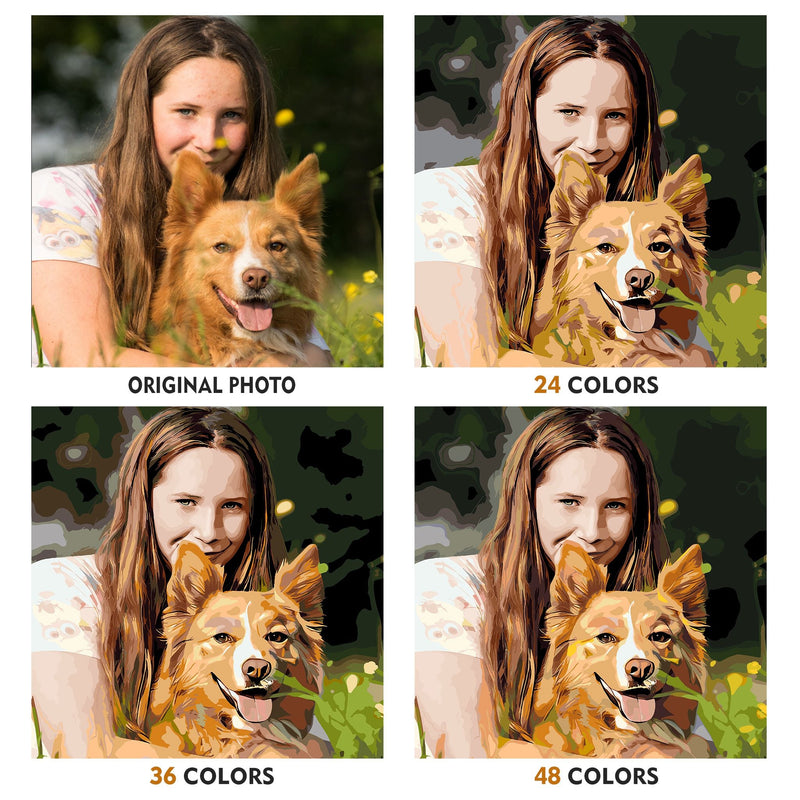 A Girl and a Dog Paint By Numbers Kit comparison between 24, 36, and 48 colors