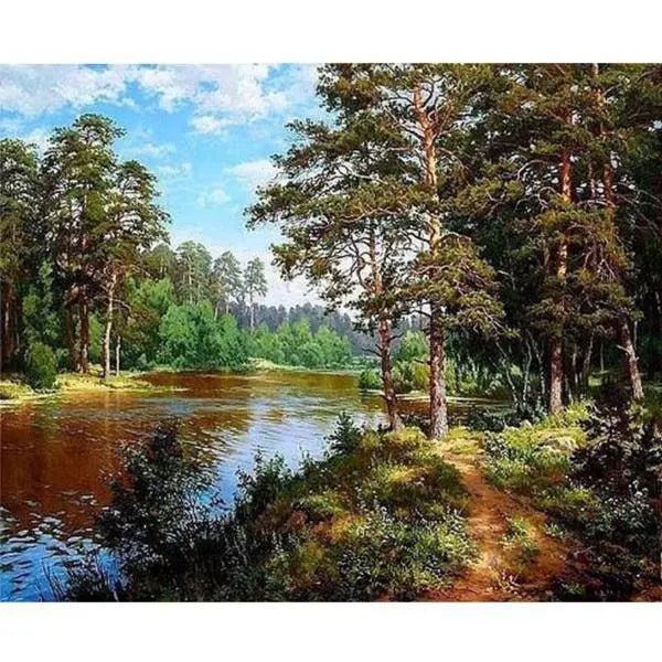 Painting Of A River And A Forest Paint By Numbers Kit