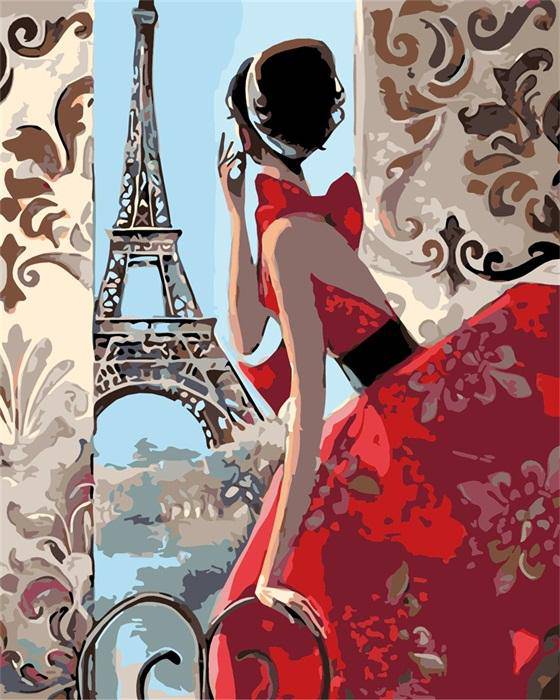 Red Dressed Women and Eiffel Tower Paint By Numbers Kit