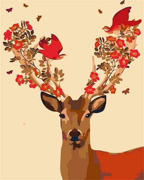 Red Flowers and Deer Paint By Numbers Kit
