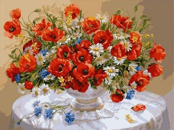 Red Flowers bouquet on a table Paint By Numbers Kit