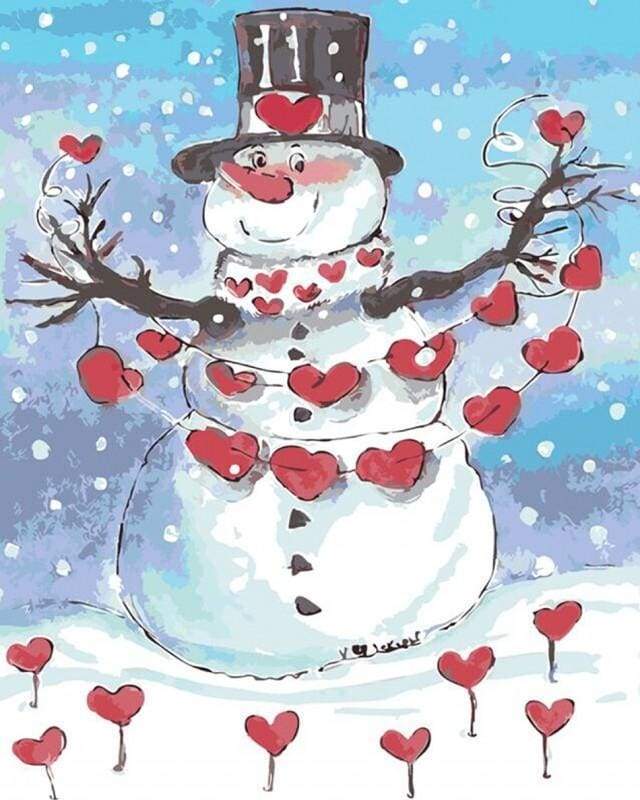 Snowman and Red Hearts Paint By Numbers Kit