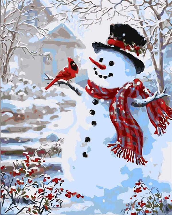 Snowman With Red Bird Paint By Numbers Kit