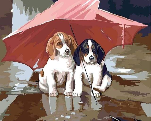 Two Puppies under a red umbrella Paint By Numbers Kit