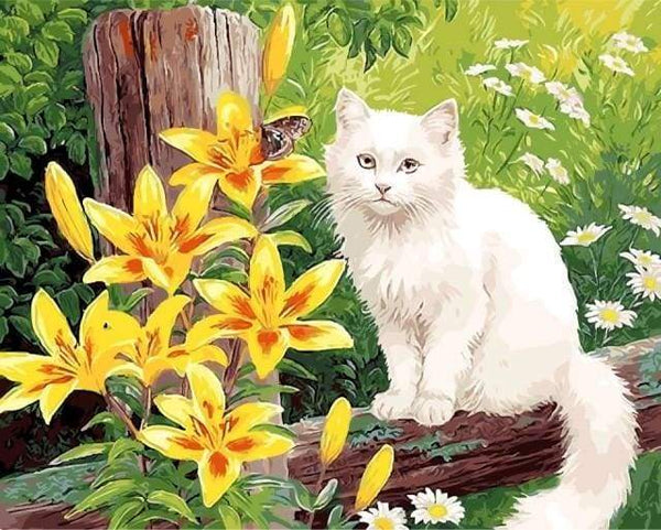 White Cat and Yellow Flowers Paint By Numbers Kit