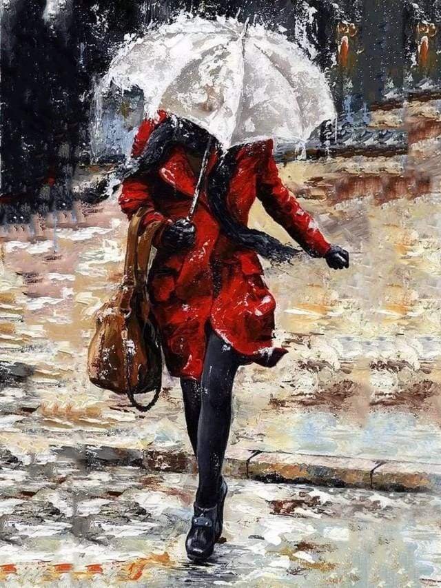 Woman walking down the stairs in the Rain Paint By Numbers Kit